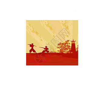 旧纸 印有武士长的轮廓花朵日落植物武士宝塔寺庙樱花文化忍者插图图片