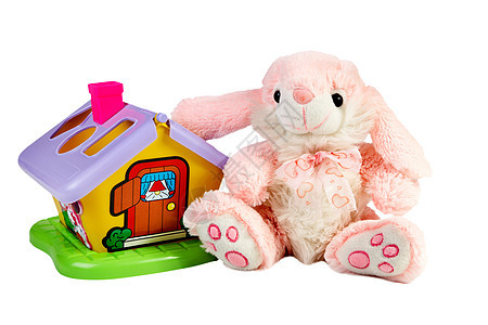 在白色背景上被孤立的软玩具和小房子图片