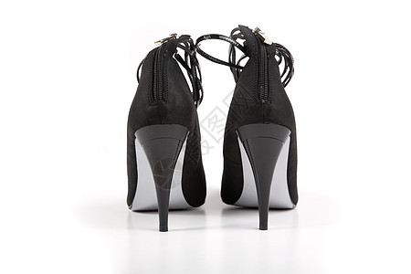 妇女黑皮女黑鞋女士齿轮皮革白色衣服高跟鞋黑色女性脚跟图片
