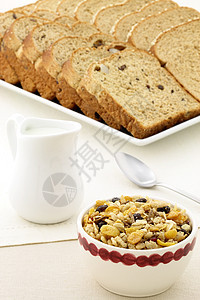 美味的新鲜早餐勺子玉米营养产品牛奶奶制品麦片燕麦面包橙汁图片