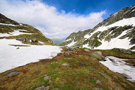 瑞士阿尔卑斯山山腰场景风景房子丘陵冰川天空风暴山链登山图片