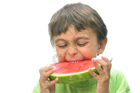 男孩吃西瓜绿色男生金发女郎曲线水果手指食物白色孩子牙齿图片