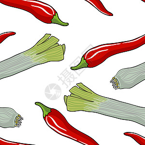 无缝蔬菜花粉和红胡椒辣椒文化韭葱艺术绿色胡椒插图美味绘画食物图片