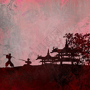 亚洲风景中的武士长的轮廓樱花宝塔花朵插图日落寺庙花瓣文化植物武士背景图片