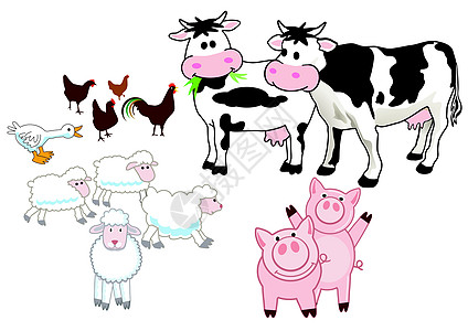 农场动物栅栏漫画插图卡通孩子小猪鸭子公鸡干草场农业图片
