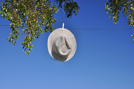 夏季帽子蓝色绿色亚麻桦木微风洗衣店天空白色衣服衣绳图片