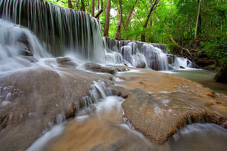 瀑布岩石石头流动热带风景木头环境反射丛林池塘图片