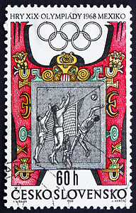 邮票捷克斯洛伐克 1968 年足球 橄榄球 奥运会 我背景图片