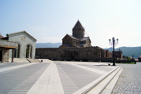 格鲁吉亚古代首都麦克克塞塔Mcxeta外 格鲁吉亚的象征之一历史性游客文化基督教会建筑学宗教堡垒城堡天空图片