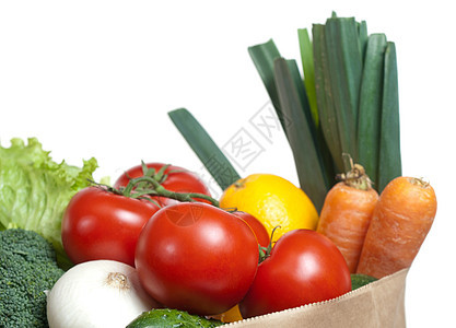 杂草韭葱红色白色黄瓜购物纸袋绿色杂货蔬菜黄色图片