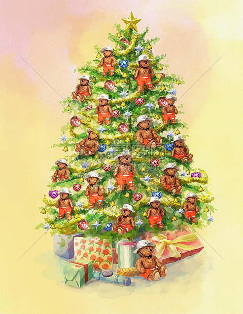圣诞节钟声出现在圣诞树下 背景温柔的圣诞树下圣诞玩具熊大树画笔笔触装饰阴影卡片插图展示图片