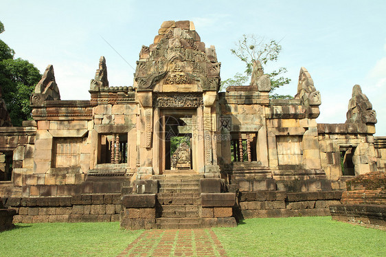 Muang Tam城堡考古学岩石废墟建筑石头宗教雕刻宝塔砂岩蓝色图片
