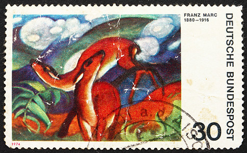 德国1974年 红鹿 邮戳 Franz Marc著图片