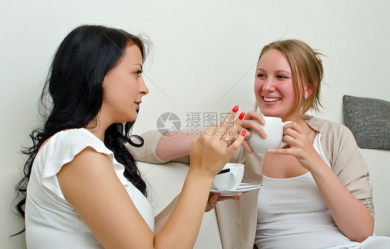 两个女人朋友在家喝咖啡聊天 在家里聊着咖啡友谊讲话房间沙发商业朋友们八卦工人黑发成人图片