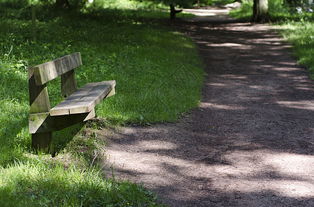 木制公园的空公园座人行道森林远足自行车小路长凳树木林地马道公园图片