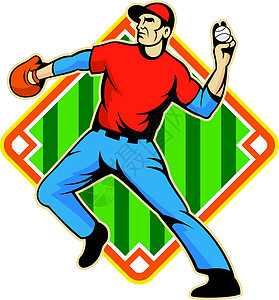 棒球运动员投手投掷球手套男人场地男性野手钻石运动玩家艺术品插图图片