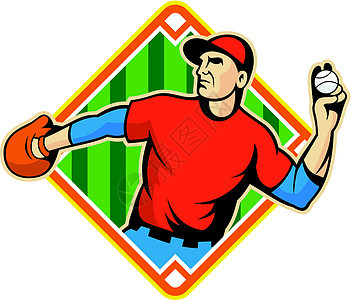 棒球运动员投手投掷球运动男人男性玩家手套野手插图艺术品钻石场地图片