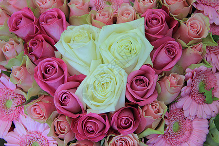 粉红新娘 鲜花安排 玫瑰和黄花花瓣作品装饰品花束花店绿色中心花朵婚姻白色图片