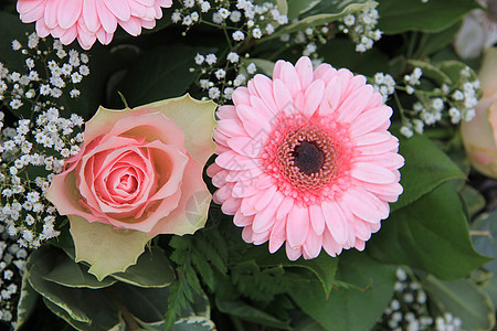 粉红玫瑰和黄花植物群玫瑰花束白色花朵绿色花瓣植物花店背景图片