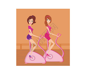 运动自行车上的女孩运动员健身房饮食幸福机器女性身体俱乐部商业有氧运动图片