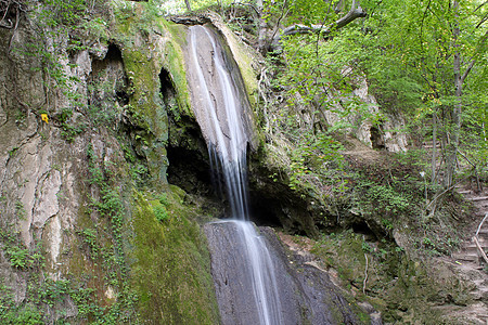 水瀑旅行流动岩石叶子绿色公园石头溪流森林风景图片