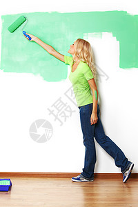妇女在墙上涂油漆设计师女士别针微笑快乐项目生活房子女孩屏幕图片