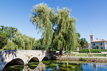 画像景观 教堂 桥 河和柳树 索林图片