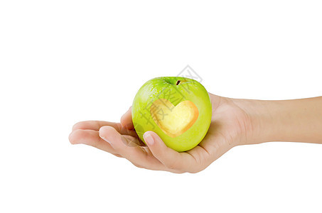 带有心脏形状的绿苹果手臂水果手腕白色饮食营养手指食物绿色小吃图片
