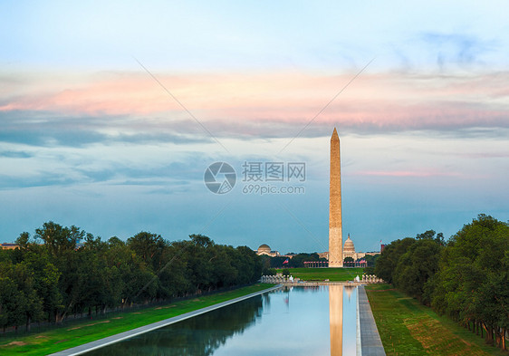 日落在华盛顿纪念碑的反光城市建筑学反射池直流电旅游池塘历史性地标天空公园图片