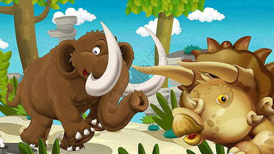 洞穴人 石器时代 长毛象石头森林童话插图卡通片晴天动物侏罗纪哺乳动物石器图片