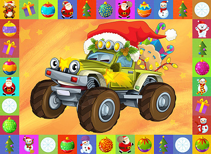 圣诞贺卡儿童快乐插画汽车车辆正方形玩具卡车风格引擎展示微笑动物雪人卡通片图片