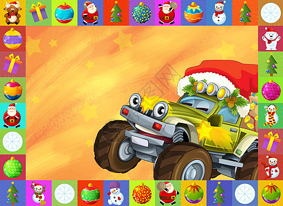 圣诞老人插画圣诞贺卡儿童快乐插画汽车车辆动物星星展示孩子们正方形插画家车轮发动机卡车微笑背景
