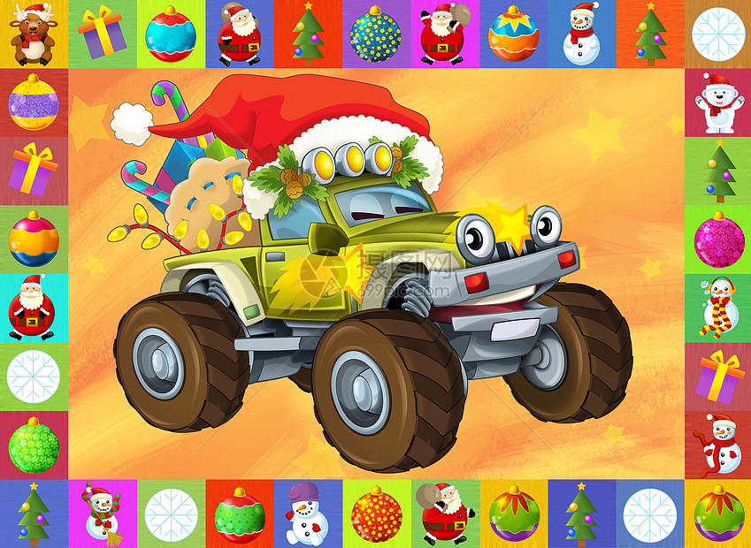 圣诞贺卡儿童快乐插画汽车车辆展示绘画发动机玩具流星微笑雪人动物卡片装饰图片