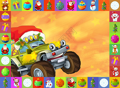 圣诞贺卡儿童快乐插画汽车车辆引擎微笑卡车薄片车轮玩具雪人卡片正方形装饰图片