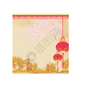 旧纸 亚洲风景和中国绿灯侠花瓣日落灯笼插图植物樱花寺庙建筑文化太阳图片