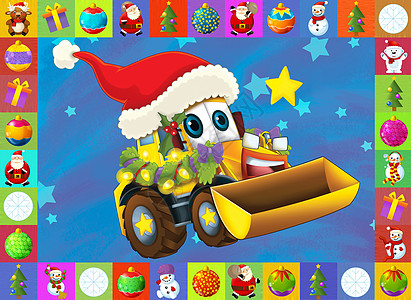圣诞贺卡儿童快乐插画汽车车辆卡片正方形微笑玩具动物拖拉机流星卡车薄片引擎图片