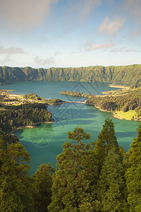 卡尔德拉树叶反射火山地标森林黑色火山口蓝色植被群岛背景图片