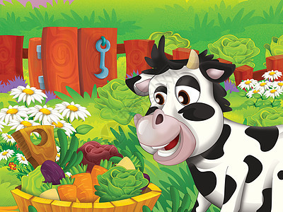 在农场蔬菜教育儿童插画国家奶牛盘子哺乳动物草原横幅花朵晴天水果墙纸图片