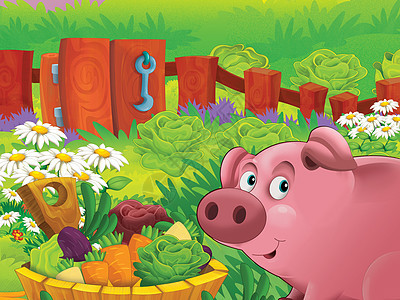 在农场蔬菜教育儿童插画草原卡通片村庄栅栏盘子横幅国家花朵晴天动物图片