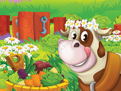 在农场蔬菜教育儿童插画国家草原栅栏墙纸横幅插图奶牛村庄水果花朵图片