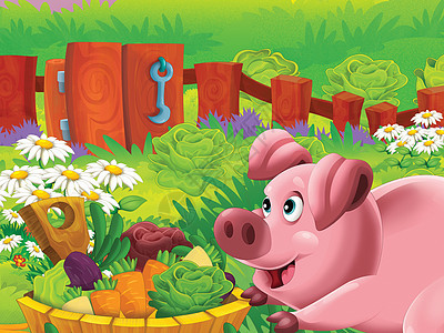 在农场蔬菜教育儿童插画国家村庄草原动物盘子晴天农业篮子插图栅栏图片
