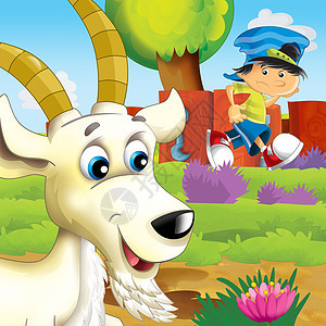 在农场教育儿童插画小山羊微笑闲暇孩子哺乳动物植物群村庄动物活动国家图片
