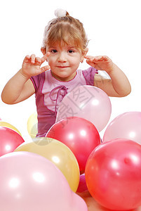 带着多彩气球的小女孩红色喜悦女儿粉色孩子派对乐趣黄色青年白色图片