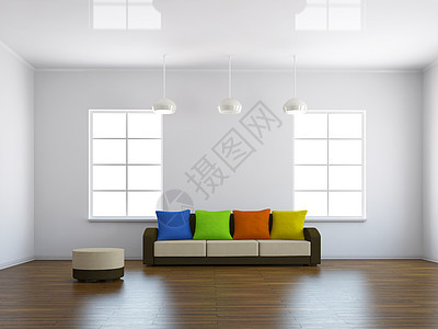 带有彩色枕头的沙发风格家庭房间建筑学地面长椅大厦公寓家具座位图片
