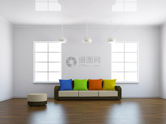带有彩色枕头的沙发风格家庭房间建筑学地面长椅大厦公寓家具座位图片