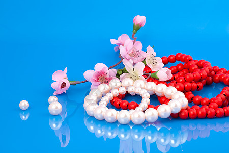 珍珠和红珠 与樱花粉红色的花朵图片