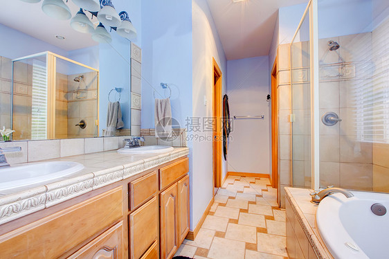 蓝色大浴室 浴缸和淋浴图片
