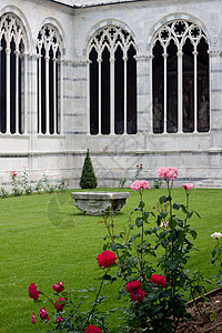 在院子里的红玫瑰和粉红玫瑰衬套资源绿色历史玫瑰建筑学建筑灰色草地柱子图片