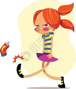 年轻矢量插图 一个愤怒的女孩踢苏打罐插画