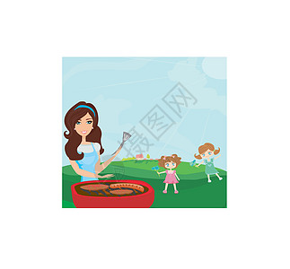 一个家庭在公园野餐的矢量插图父母母亲女儿卡通片篮子后代绘画食物热狗午餐图片